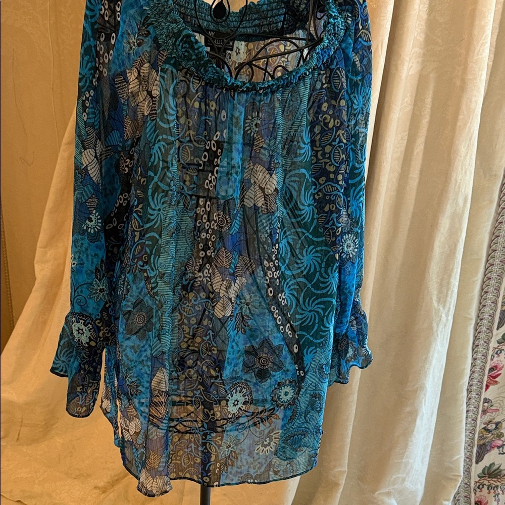 Amy Byer Blue and Teal Floral Sheer Boho Tunic